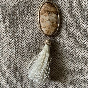 Map stone w/ gold & white tassel pendant necklace